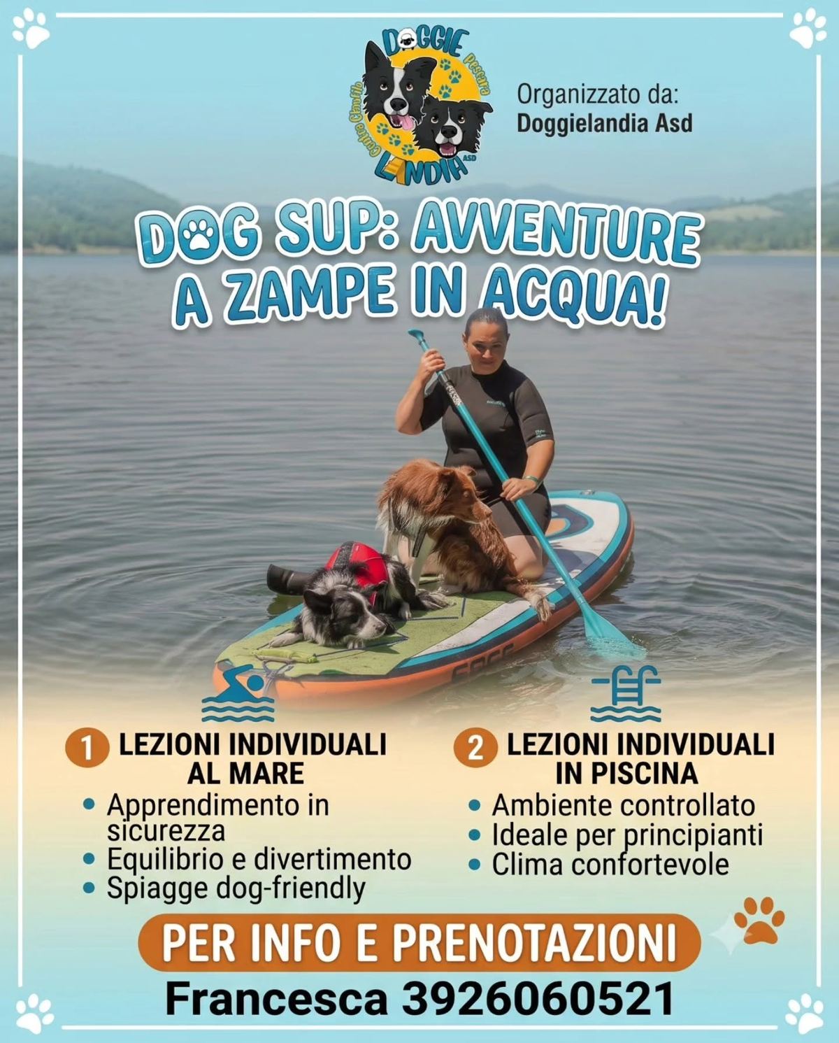 Locandina delle lezioni di Dog SUP al mare e in piscina
